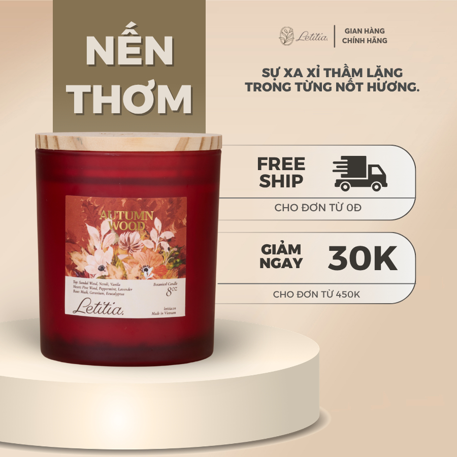 Nến Thơm Cao Cấp Letitia Autumn Wood - Hương Gỗ Sang Trọng, Giúp Thư Giãn, Giảm Stress, Dễ Ngủ