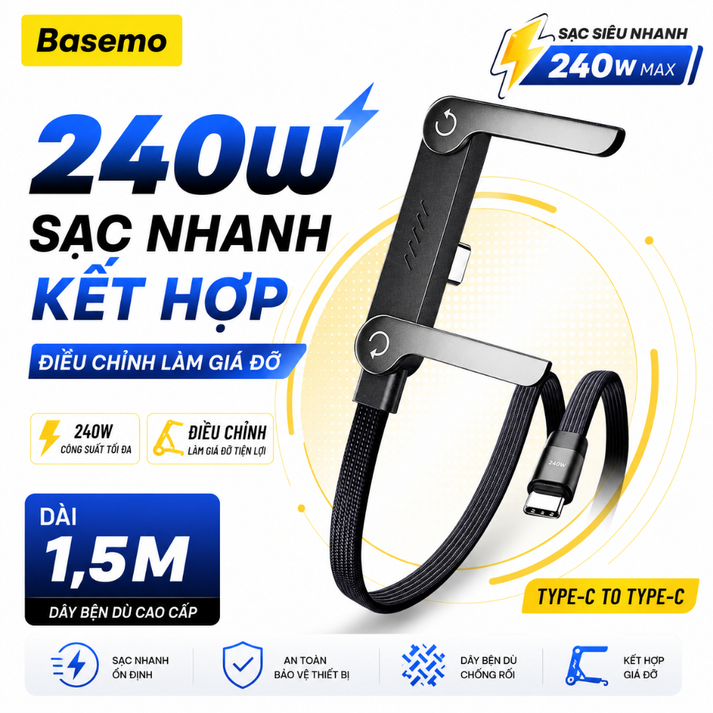 Cáp Sạc Nhanh 240W Basemo - Thiết Kế Chữ L Có Giá Đỡ – Hỗ Trợ PD Type C - Type C 240W -  Type C-L 30W