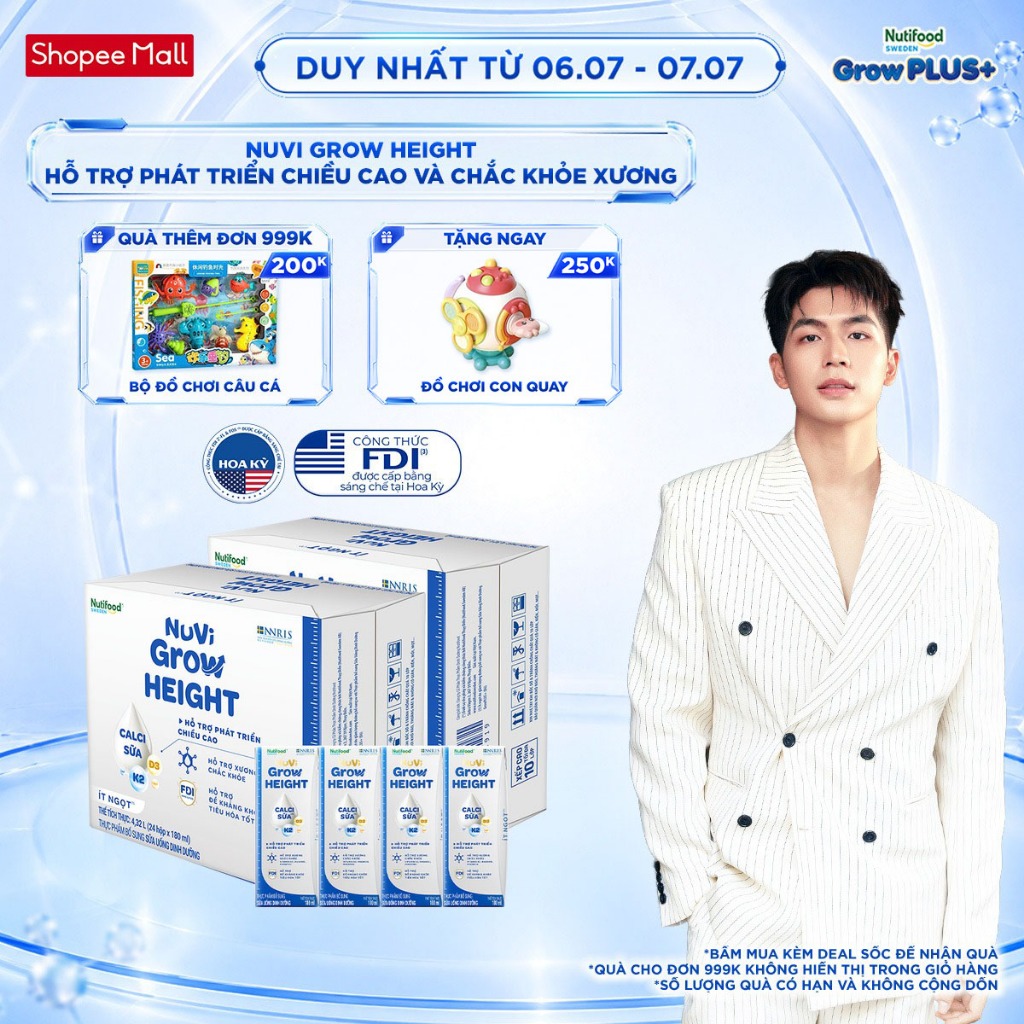 Combo 2 Thùng 24 hộp SBPS Nuvi Grow Height 1+ hỗ trợ phát triển chiều cao hộp 180ml