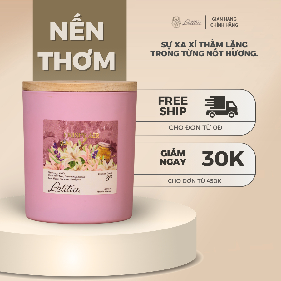 Nến Thơm Cao Cấp Letitia Crispy Air - Hương Mật ong & Vani Giúp Thư Giãn 3 Size 130gr/220gr/300gr