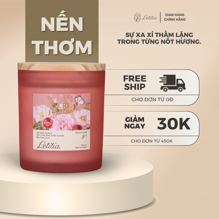 Nến thơm Letitia Cao Cấp Thiên Nhiên Secret Garden Hương Thơm Ngọt Trầm, Giúp Thư Giãn, Dễ Chịu