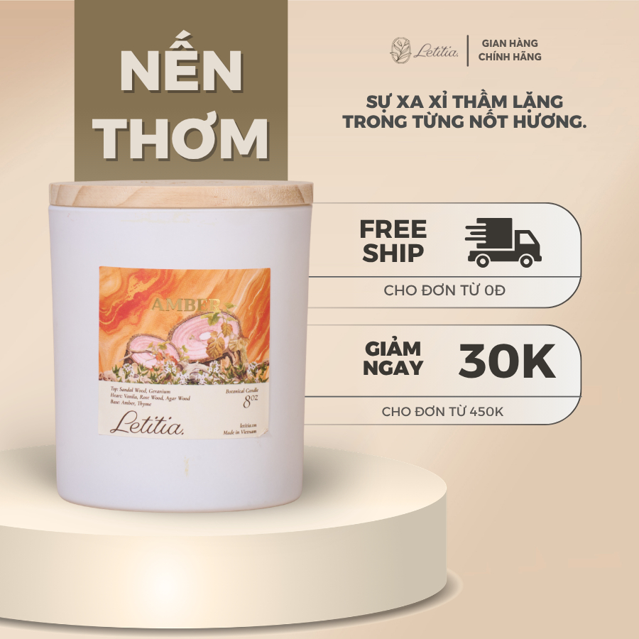 Nến Thơm Letitia Cao Cấp Thiên Nhiên Amber Hương Hổ Phách Giúp Thư Giãn, Ngủ Ngon, làm Quà Tặng
