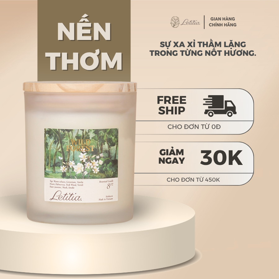 Nến Thơm Cao Cấp Letitia Wild Forest - Hương Gỗ Trầm Ấm Sang Trọng, Giúp Thư Giãn, Dễ Ngủ