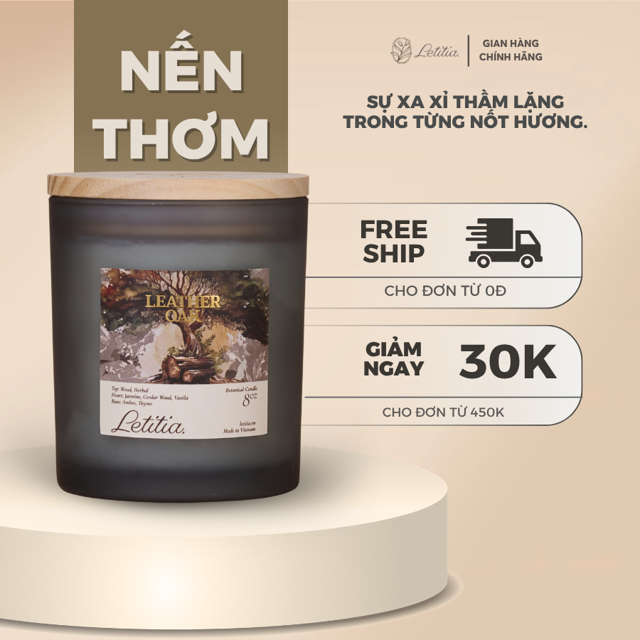 Nến thơm Letitia Cao Cấp Thiên Nhiên Leather Oak Hương Gỗ & Vỏ Cây Trầm Ấm Giúp Thư Giãn, Dễ Ngủ