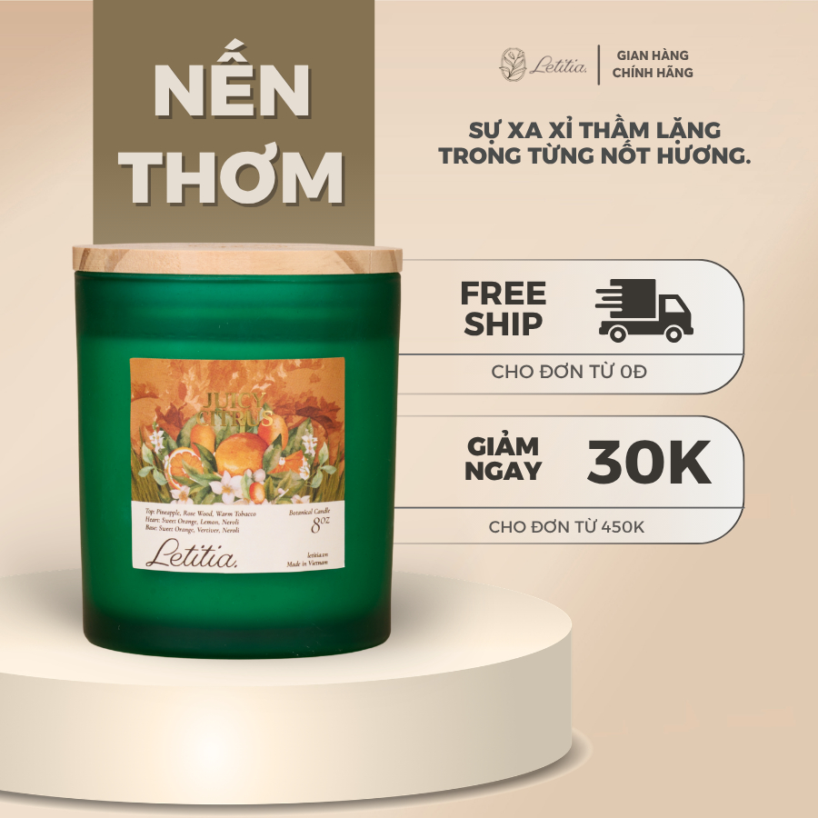 Nến Thơm Cao Cấp Letitia Juicy Citrus Hương Hoa Cam Thanh Mát Giúp Thư Giãn 3 Size 130gr/220gr/300gr