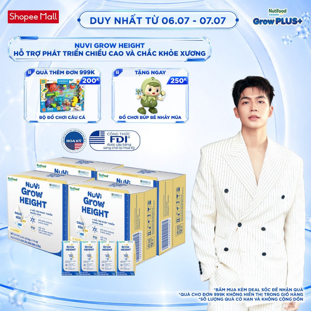 Combo 4 Thùng 24 hộp SBPS Nuvi Grow Height vị chuối 1+ hỗ trợ phát triển chiều cao hộp 110ml
