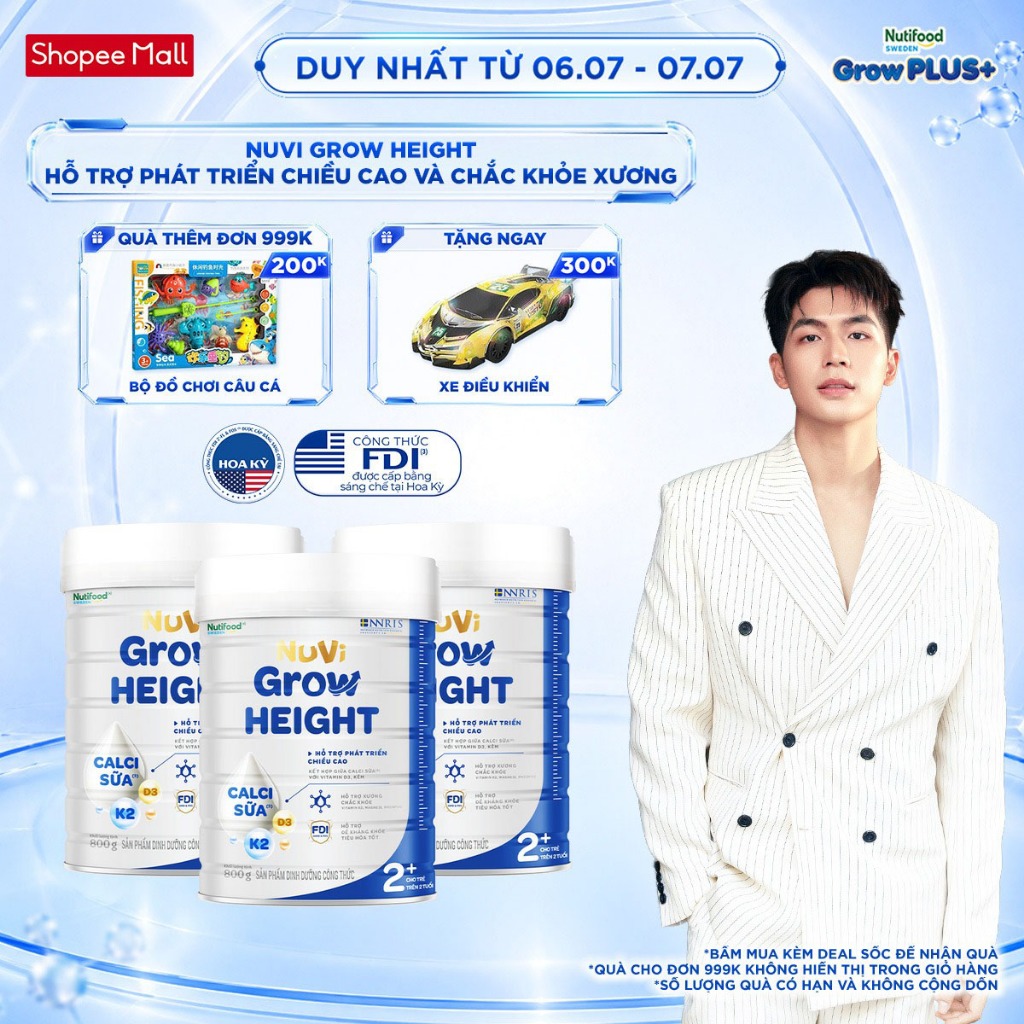 Combo 3 Sữa Bột Nuvi Grow Height phát triển chiều cao Trên 2 tuổi Lon 800g