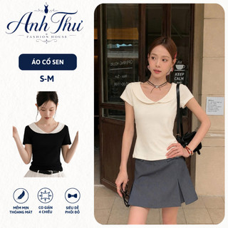 Áo Thun Nữ Cổ Sen Cách Điệu Ôm Body, Tay Ngắn Co Giãn Mềm Mịn, Phong Cách Thời Trang - TL004