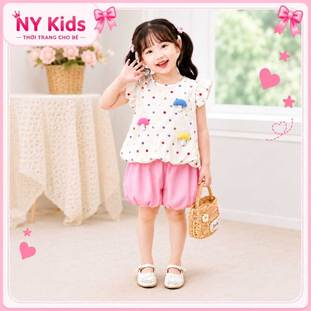 Set Bộ Bé Gái Áo Cánh Tiên Chấm Bi Phối Quần Bí Bloomer Nấm 3D Chất Đũi Cao Cấp Mềm Thoáng Mát F23