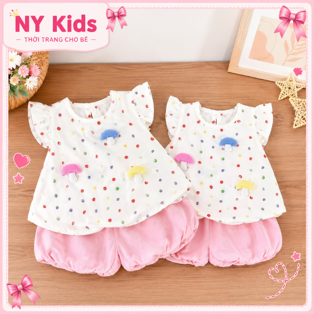 Set Bộ Bé Gái Áo Cánh Tiên Chấm Bi Phối Quần Bí Bloomer Nấm 3D Chất Đũi Cao Cấp Mềm Thoáng Mát F23
