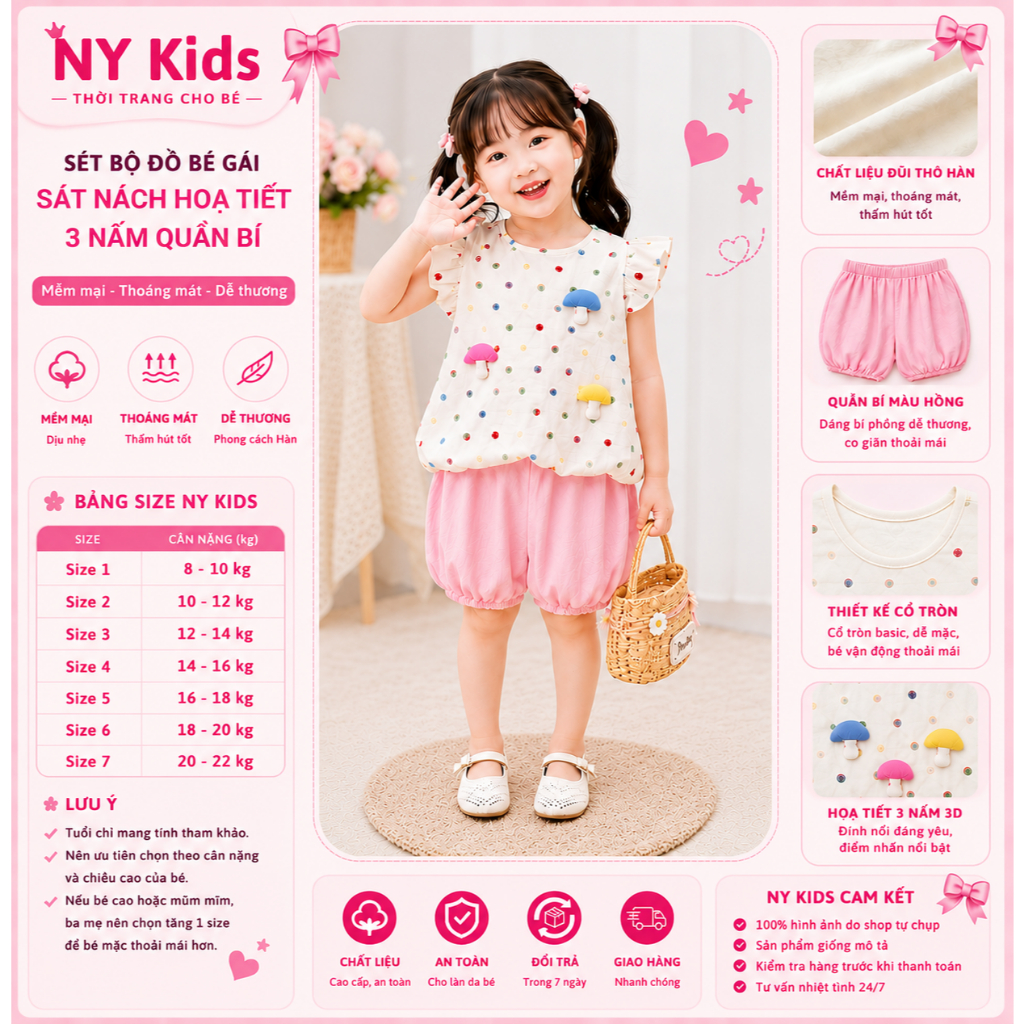 Set Bộ Bé Gái Áo Cánh Tiên Chấm Bi Phối Quần Bí Bloomer Nấm 3D Chất Đũi Cao Cấp Mềm Thoáng Mát F23
