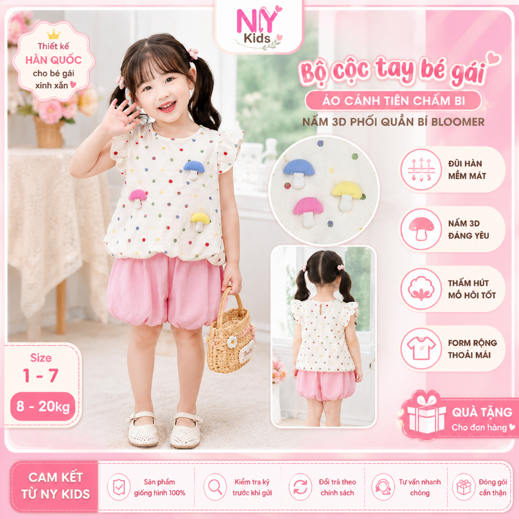 Set Bộ Bé Gái Áo Cánh Tiên Chấm Bi Phối Quần Bí Bloomer Nấm 3D Chất Đũi Cao Cấp Mềm Thoáng Mát F23