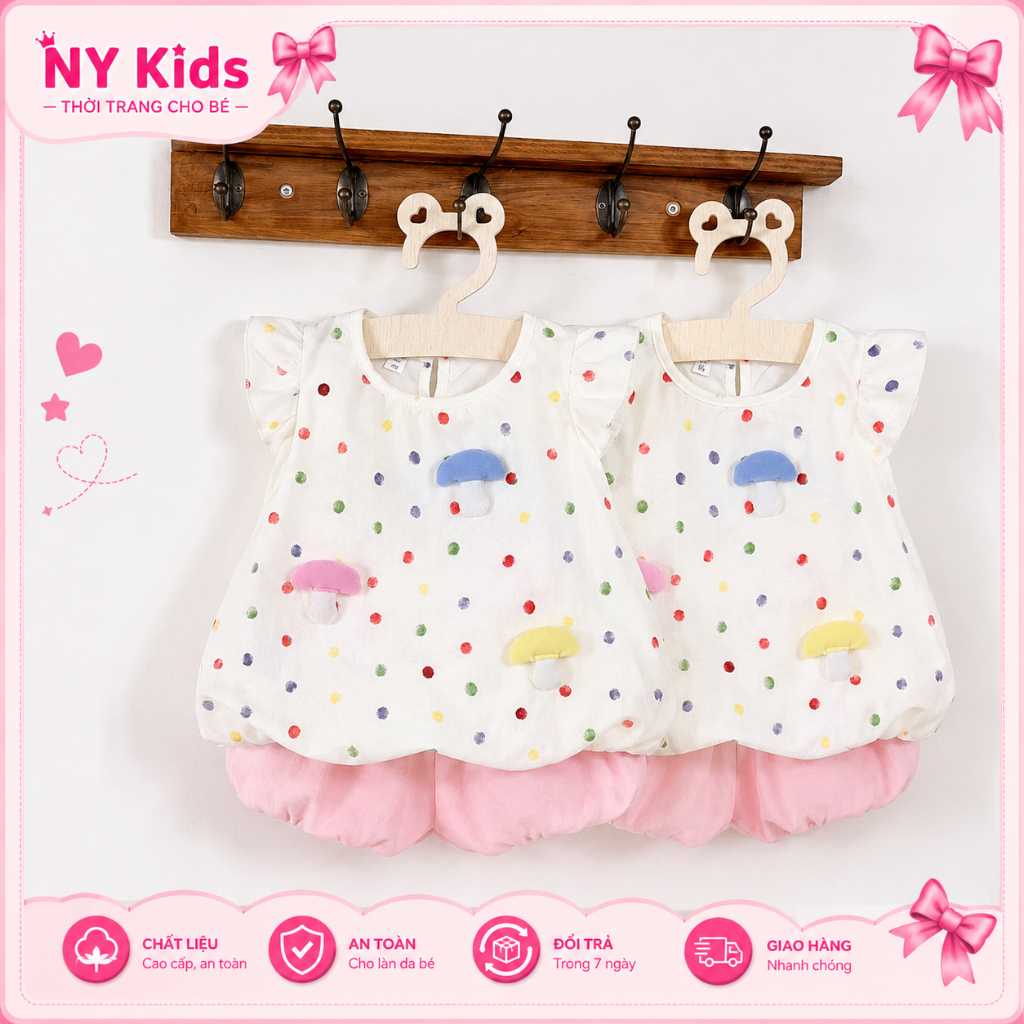Set Bộ Bé Gái Áo Cánh Tiên Chấm Bi Phối Quần Bí Bloomer Nấm 3D Chất Đũi Cao Cấp Mềm Thoáng Mát F23