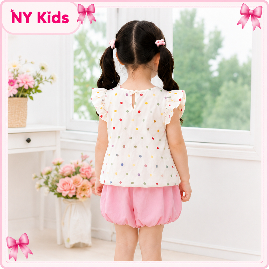 Set Bộ Bé Gái Áo Cánh Tiên Chấm Bi Phối Quần Bí Bloomer Nấm 3D Chất Đũi Cao Cấp Mềm Thoáng Mát F23