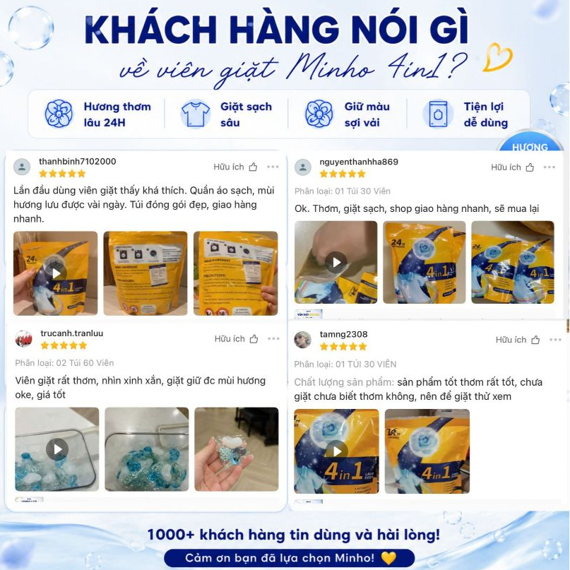 Combo 02 Túi Viên giặt quần áo hương hoa hồng thơm lâu 24h, viên giặt đậm đặc làm sạch sâu 4 in 1
