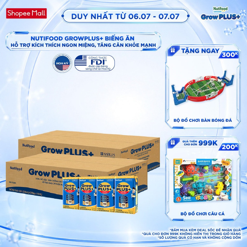 Combo 2 Thùng 48 hộp Sữa Bột Pha Sẵn Nutifood GrowPLUS+ Biếng Ăn (Xanh) 110ml - Trên 2 tuổi - Tăng Cân Khỏe Mạnh