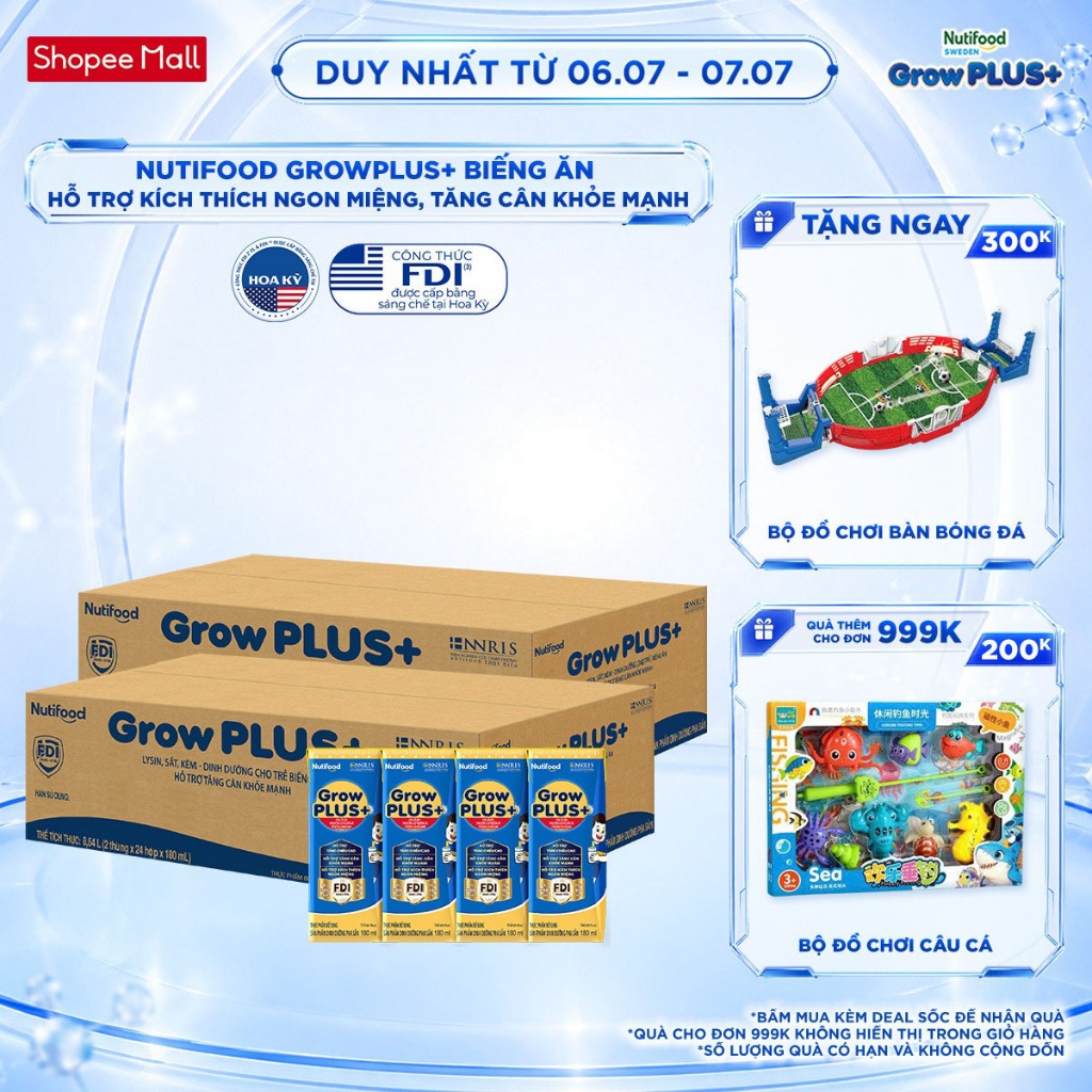 Combo 2 Thùng 48 hộp Sữa Bột Pha Sẵn Nutifood GrowPLUS+ Biếng Ăn (Xanh) 180ml -Trên 2 tuổi - Tăng Cân Khỏe Mạnh