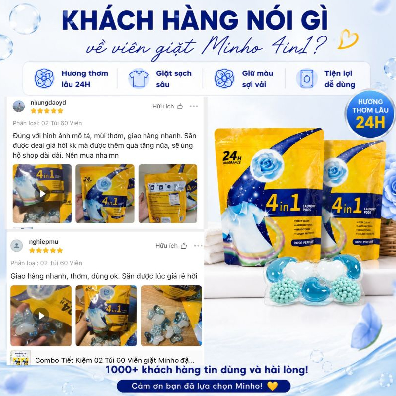 Combo 02 Túi Viên giặt quần áo hương hoa hồng thơm lâu 24h, viên giặt đậm đặc làm sạch sâu 4 in 1