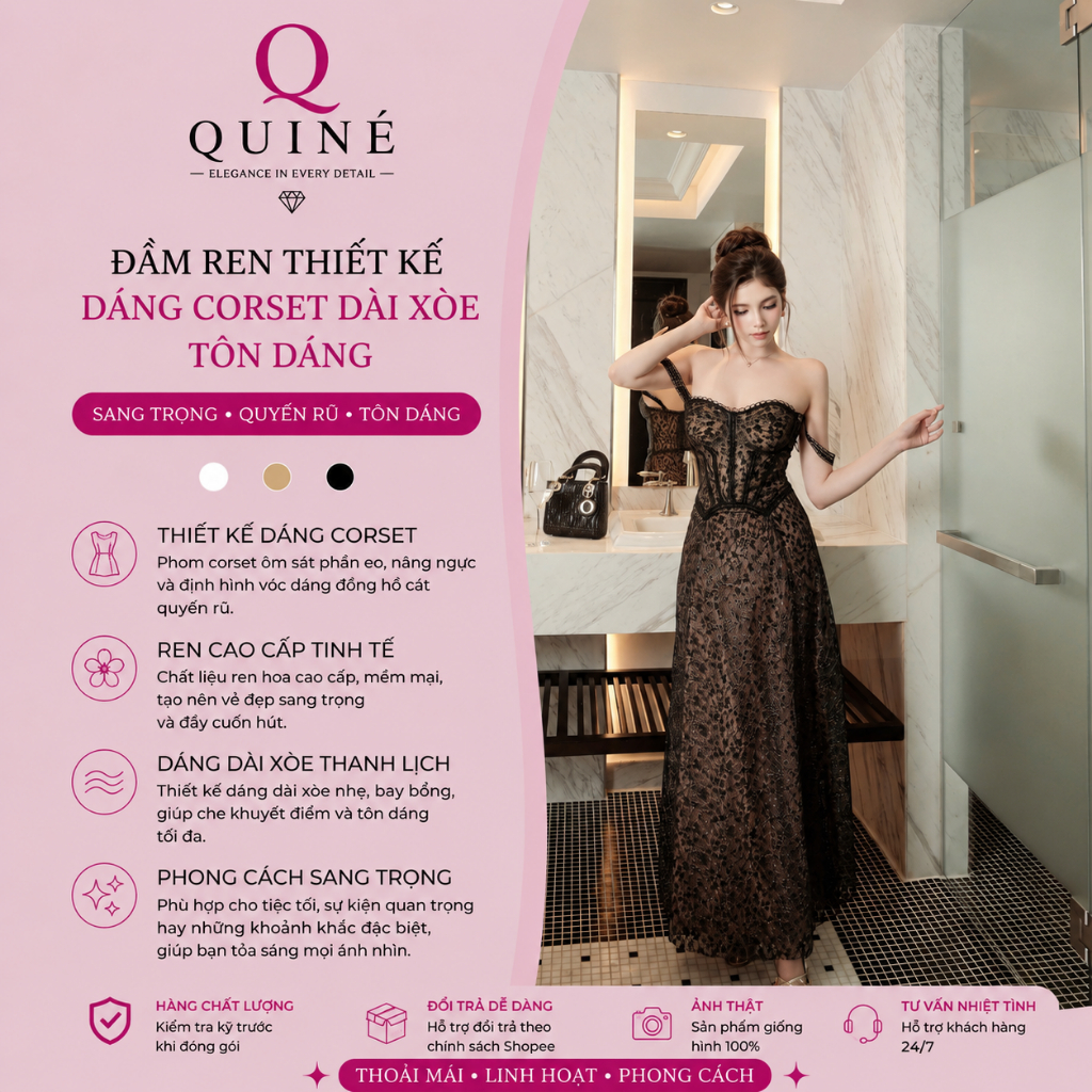 Đầm Ren Thiết Kế Dáng Corset Dài Xòe Tôn Dáng Sang Trọng Cao Cấp - Váy Dự Tiệc Dạ Hội Cho Nữ QUINÉ