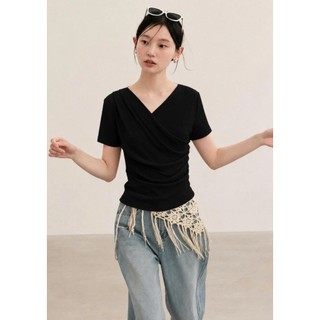 Áo Thun Nữ Cổ V Chéo Ôm Body, Xếp Ly Thời Trang Thanh Lịch, Tay Ngắn Co Giãn Mềm Mịn - TL 002
