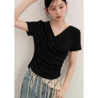 Áo Thun Nữ Cổ V Chéo Ôm Body, Xếp Ly Thời Trang Thanh Lịch, Tay Ngắn Co Giãn Mềm Mịn - TL 002
