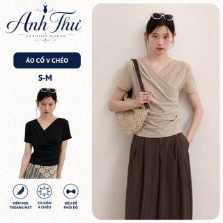 Áo Thun Nữ Cổ V Chéo Ôm Body, Xếp Ly Thời Trang Thanh Lịch, Tay Ngắn Co Giãn Mềm Mịn - TL 002