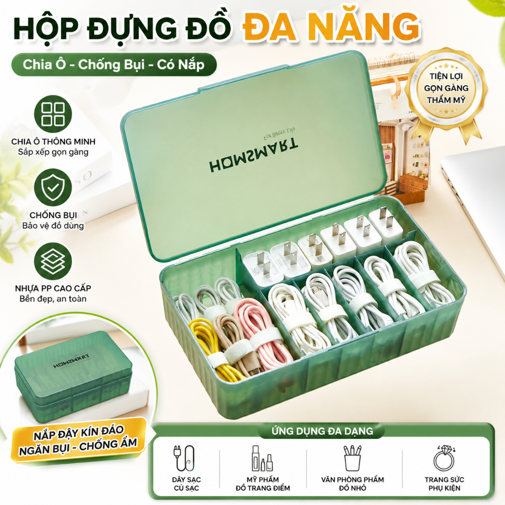 Hộp Đựng Đồ Đa Năng Có Nắp – Chia Ô – Chống Bụi – Nhựa PP| Dành Cho Trang Điểm, Dây Sạc, Mỹ Phẩm, Đồ Nhỏ Bàn Làm Việc