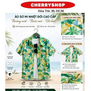 Áo đi biển nam nữ vải kate hoạ tiết lá xanh thoáng mát