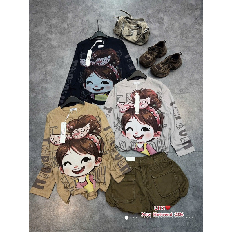 Áo thu đông dài tay dáng rộng cotton giấy dẻo cô gái hàng QCCC chuẩn tag LHY