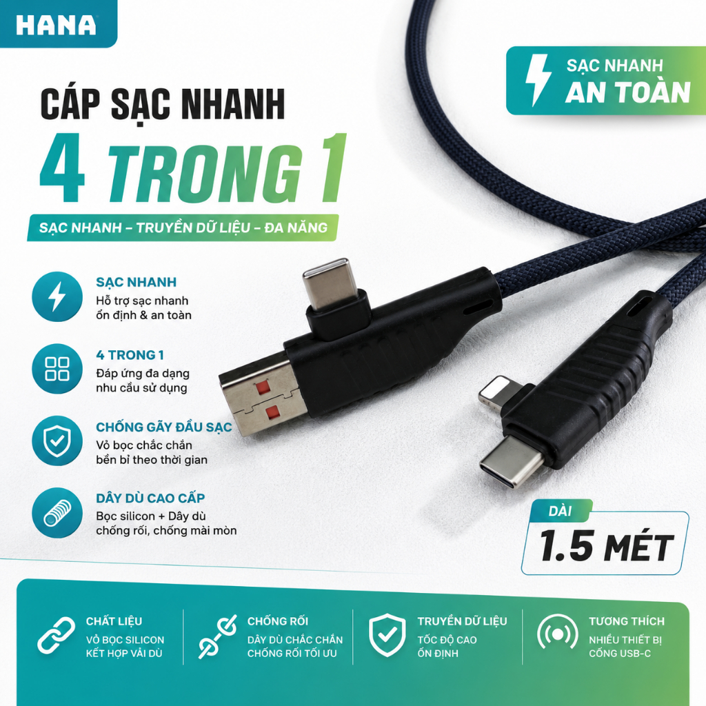 Dây cáp sạc nhanh 4 trong 1 - Dây mềm 1 mét - Công suất 27/65W PD - Bảo hành 6 tháng