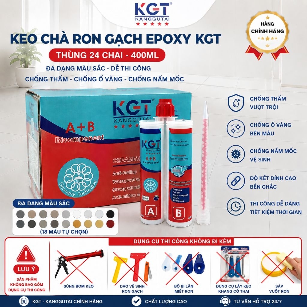 Keo Chà Ron Gạch Epoxy KGT 400ml - Thùng 24 Chai, Đa Màu Sắc, Dễ Thi Công, Chống Thấm Chống Ố Vàng