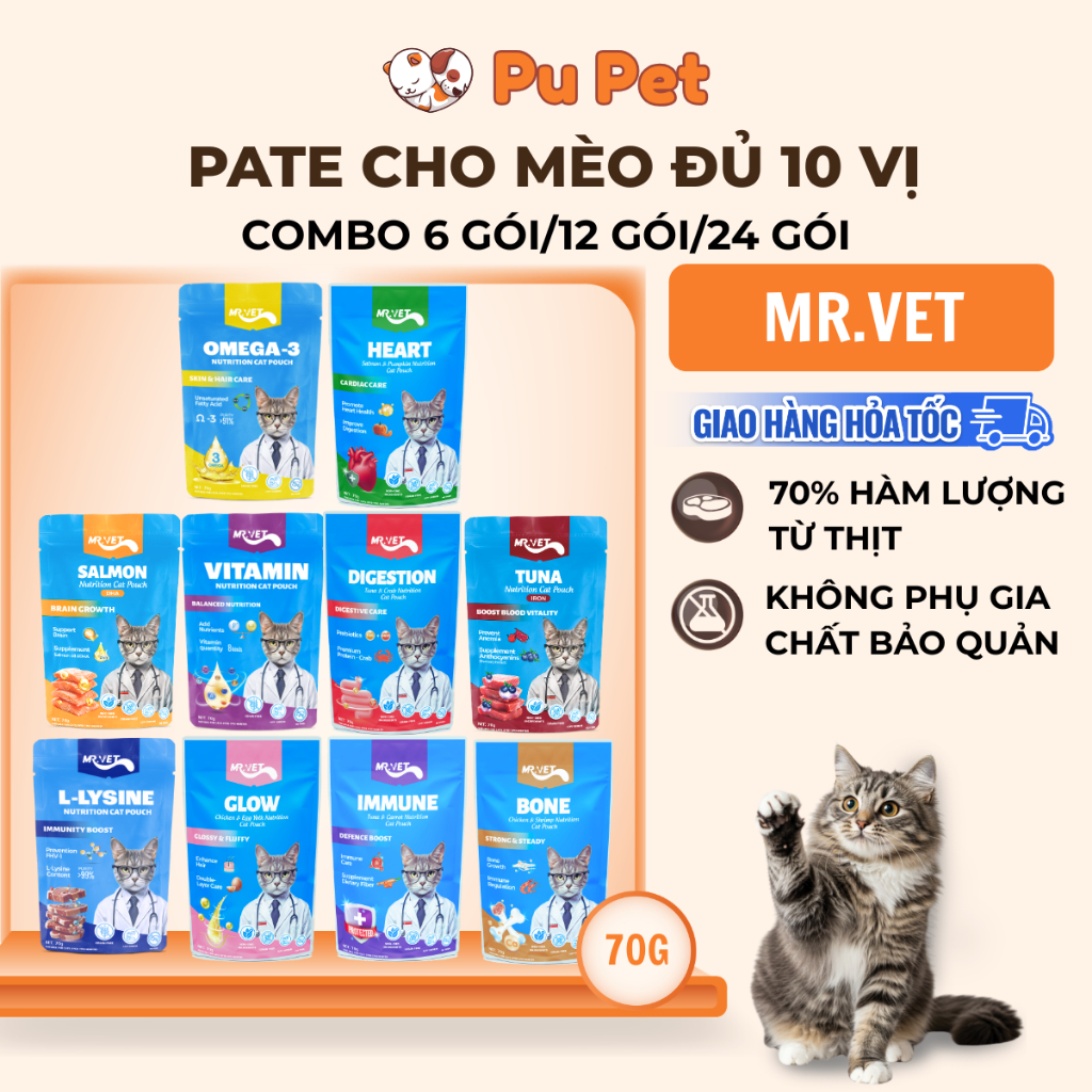 Combo 24 Gói Pate Cho Mèo MR.VET Gói 70g Bổ Sung Omega 3 Vitamin L-Lysine Cho Mèo Từ 2 Tháng Tuổi