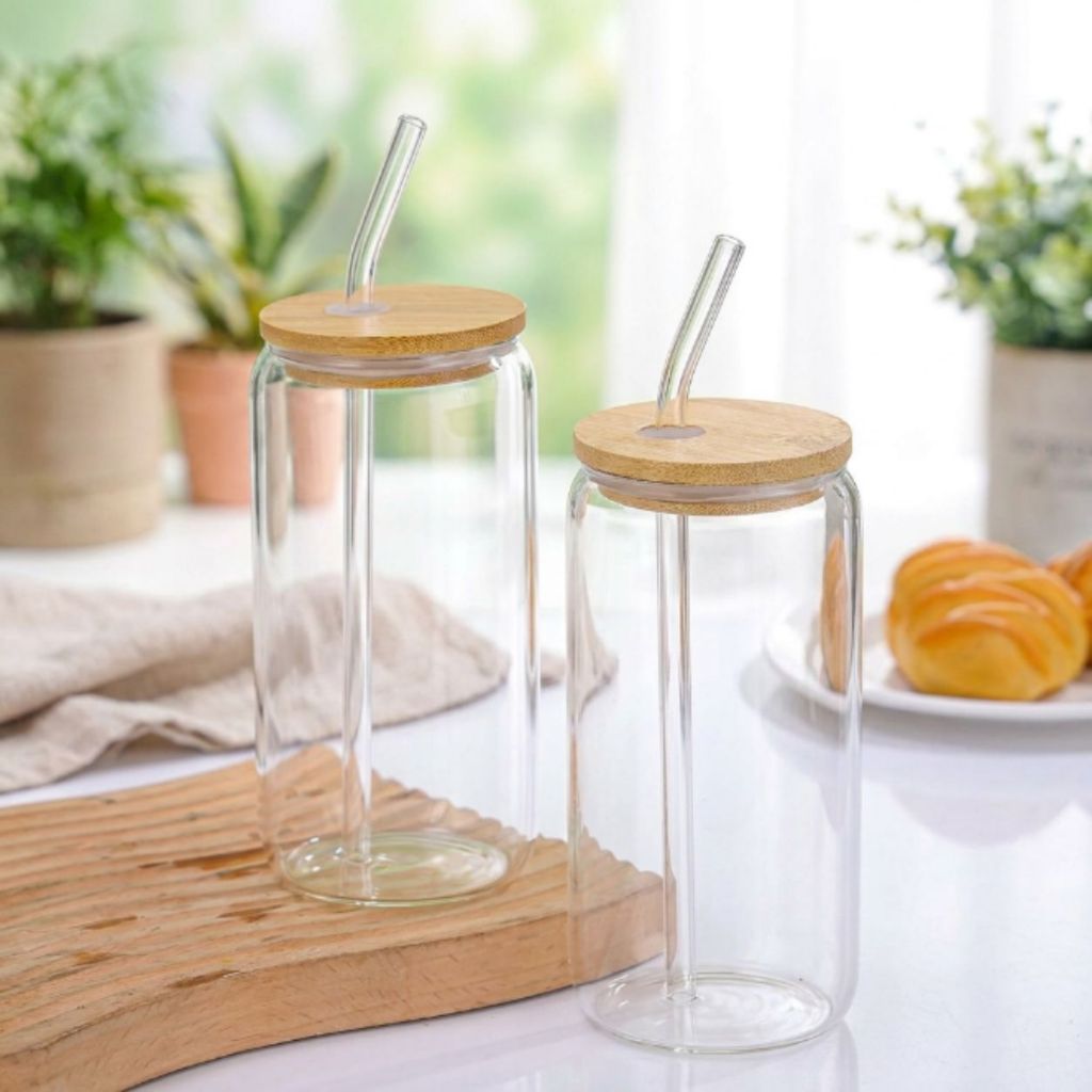 Cốc Thủy Tinh Trơn 500ml, có Nắp Tre và Có Ống Hút Thủy Tinh, Cốc 16Oz Chịu Nhiệt