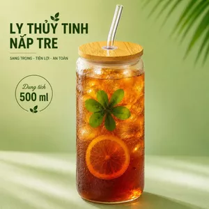 Cốc Thủy Tinh Trơn 500ml, có Nắp Tre và Có Ống Hút Thủy Tinh, Cốc 16Oz Chịu Nhiệt