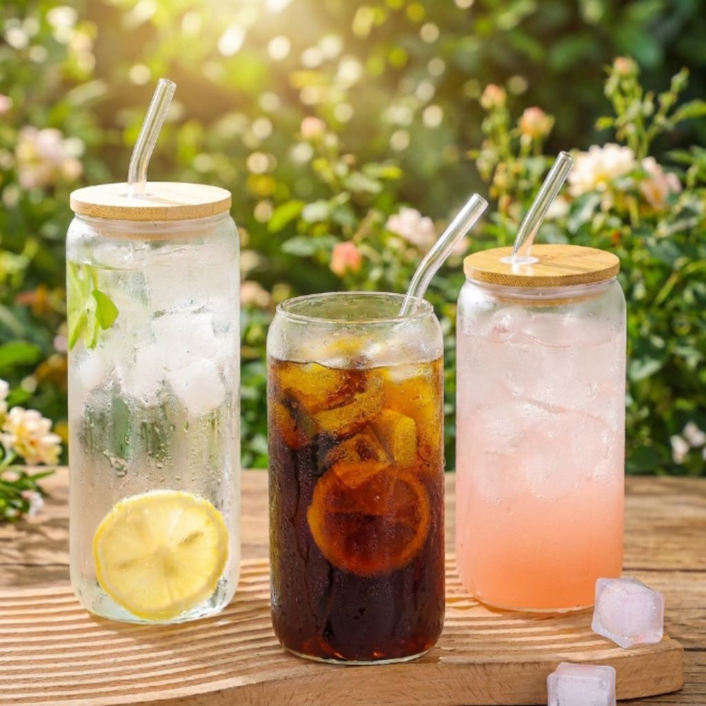 Cốc Thủy Tinh Trơn 500ml, có Nắp Tre và Có Ống Hút Thủy Tinh, Cốc 16Oz Chịu Nhiệt