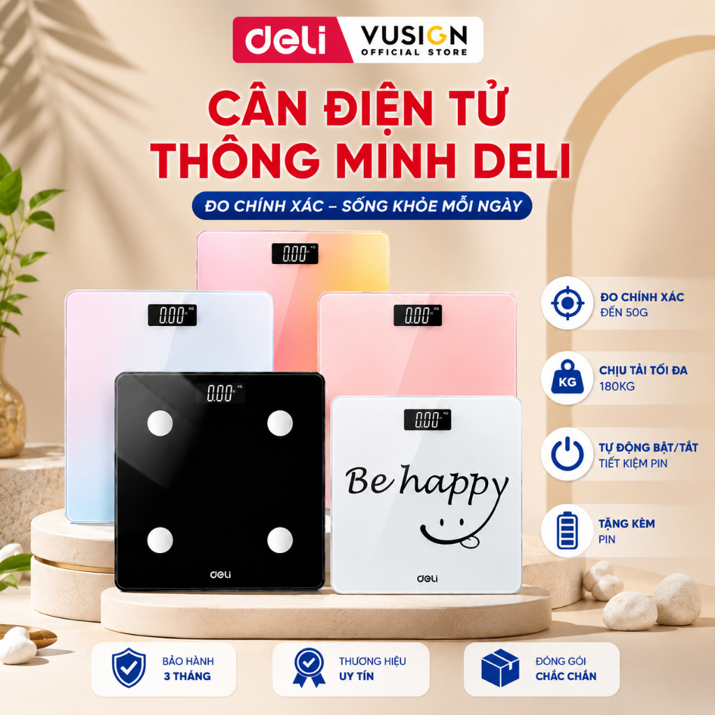 [SVIP] Cân Điện Tử Sức Khỏe DeLi Chịu Tải 180kg Màn Hình LED Mặt Kính Cường Lực BẢO HÀNH 3 THÁNG KÈM PIN THAY