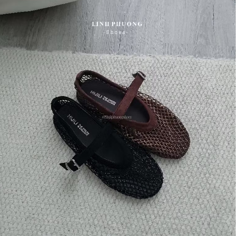 [🏷Brand MIJILI - form 1.5 ] Giày bệt lưới viền da lộn đính đá đế cao su cực mềm bẻ cong fullbox