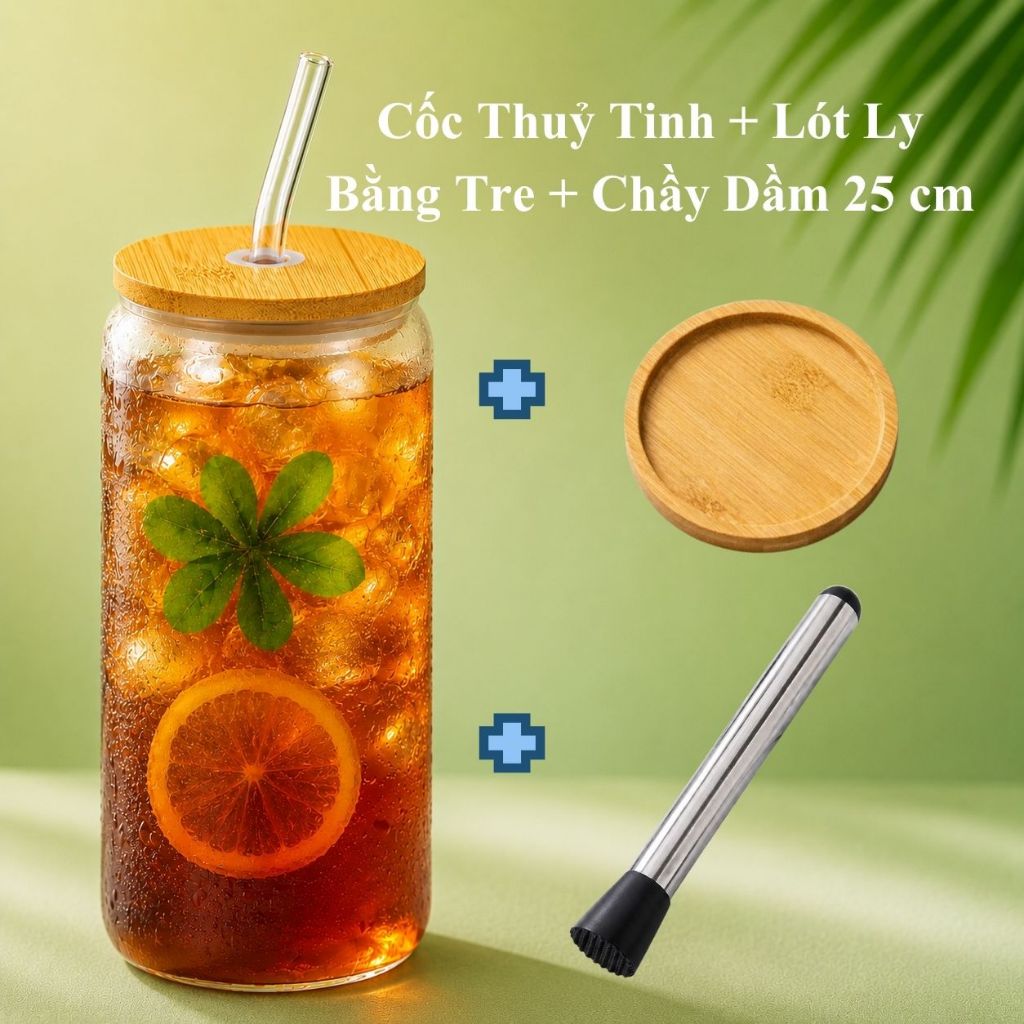 Cốc Thủy Tinh Trơn 500ml, có Nắp Tre và Có Ống Hút Thủy Tinh, Cốc 16Oz Chịu Nhiệt