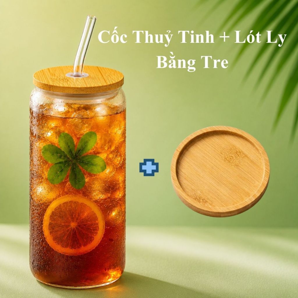 Cốc Thủy Tinh Trơn 500ml, có Nắp Tre và Có Ống Hút Thủy Tinh, Cốc 16Oz Chịu Nhiệt