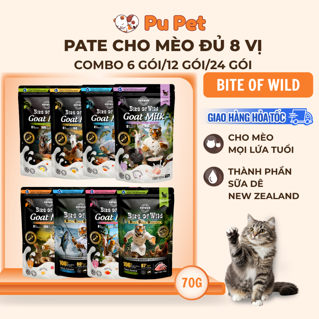 [Combo 24 gói] Pate Cao Cấp Bite of Wild 70G Công Thức Giàu Đạm Và Sữa Dê Cho Mèo Từ 2 Tháng Tuổi