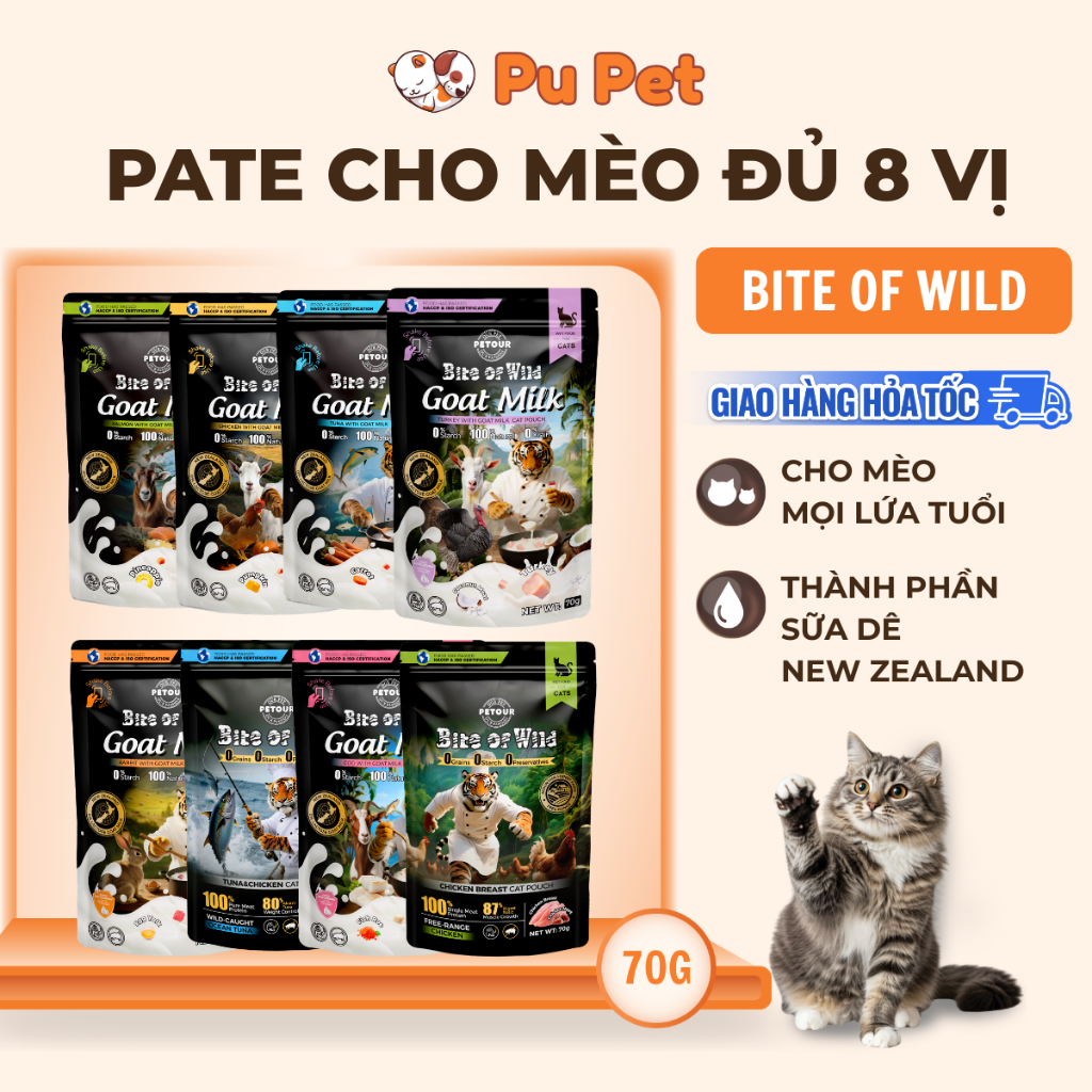 Pate Cao Cấp Bite of Wild Túi 70G Công Thức Giàu Đạm Và Sữa Dê Cho Mèo Từ 2 Tháng Tuổi