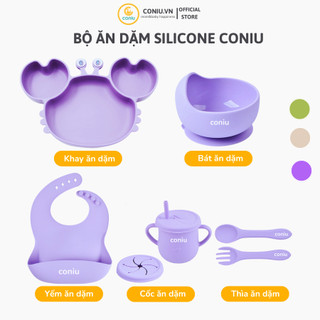 Set Ăn Dặm Silicone Coniu Khay Chống Đổ, Muỗng Nĩa, Cốc, Yếm, An Toàn, Tiện Lợi, Bền Đẹp