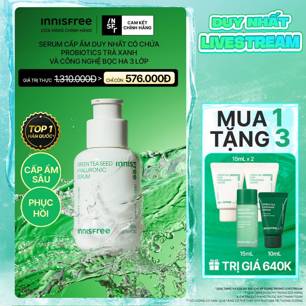 INNISFREE x Serum trà xanh cấp ẩm sâu phục hồi da, với Probiotics INNISFREE Green Tea Seed Hyaluronic Serum 80mL