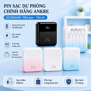 Pin Sạc Dự Phòng ANKRE 30000mAh Sạc Nhanh 22.5W, Tích Hợp 4 Dây Type-C Lightning Micro USB, Màn Hình LED, Cho iPhone And