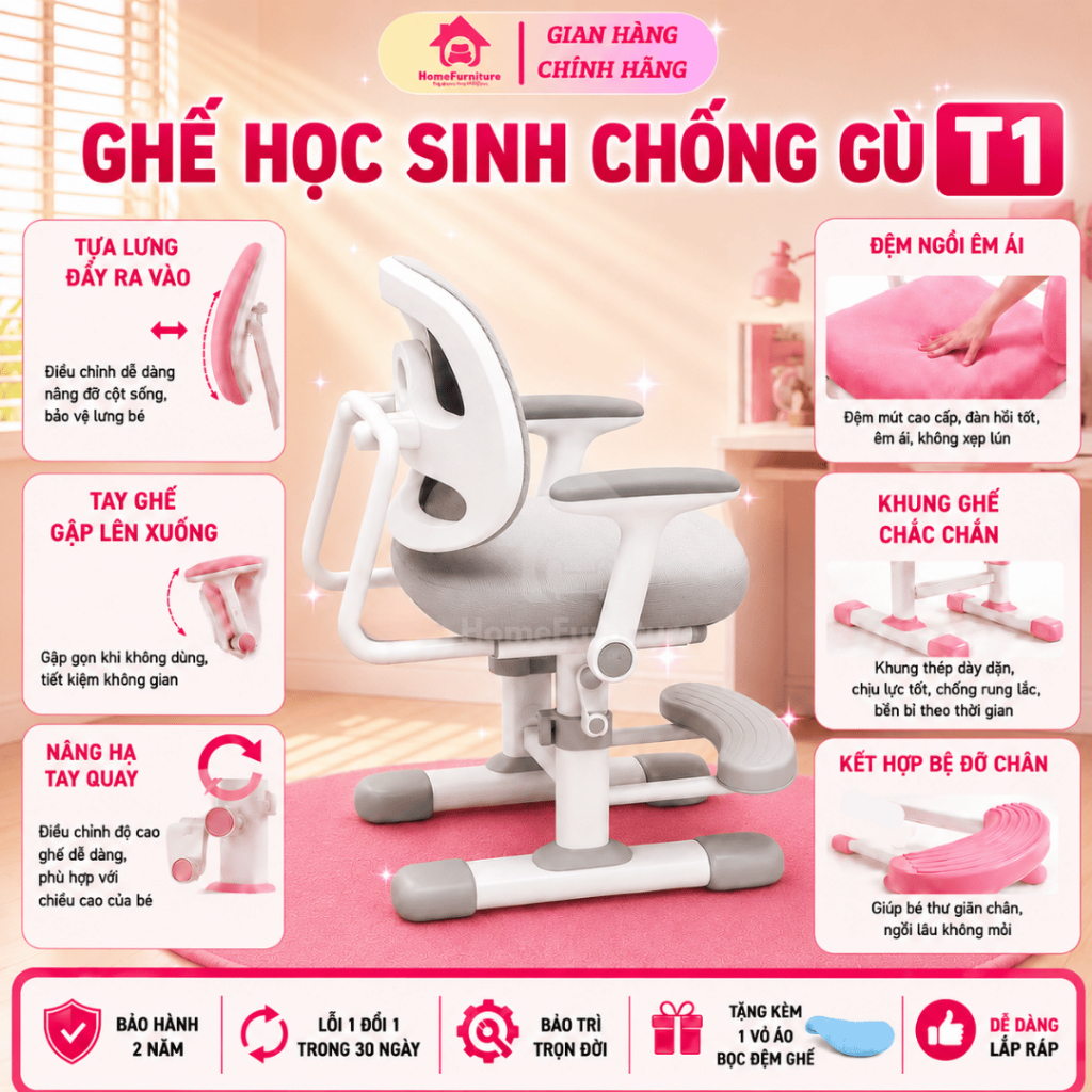 Ghế chống gù cho bé Home Furniture T3 Ghế học sinh Tay Ghế Tựa lưng thoáng khí Nâng hạ tay quay Cho bé từ 3-15 tuổi
