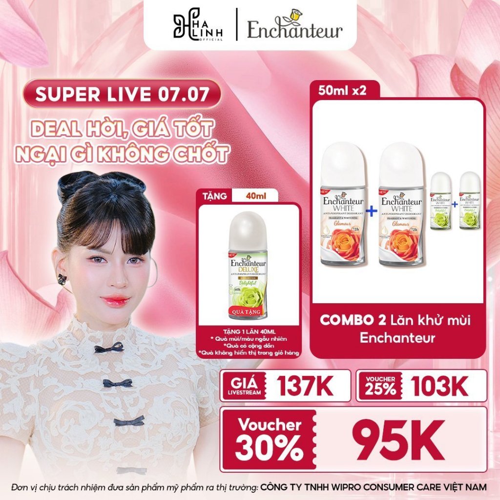 [VHL x Enchanteur] COMBO 2 Lăn khử mùi Enchanteur Dưỡng trắng X2 ( 50ml x 2 ) tặng 1 lăn 40ml