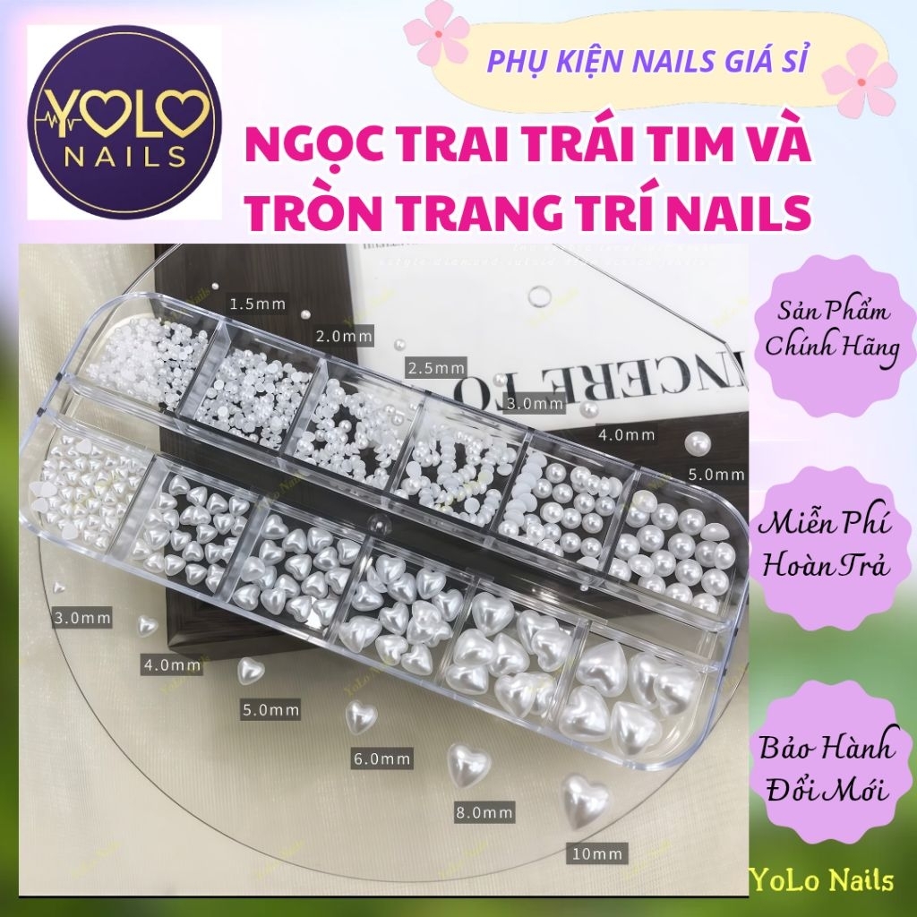 SET NGỌC TRAI TRÁI TIM VÀ TRÒN 12 Ô SÁNG BÓNG DÙNG TRANG TRÍ NAILS