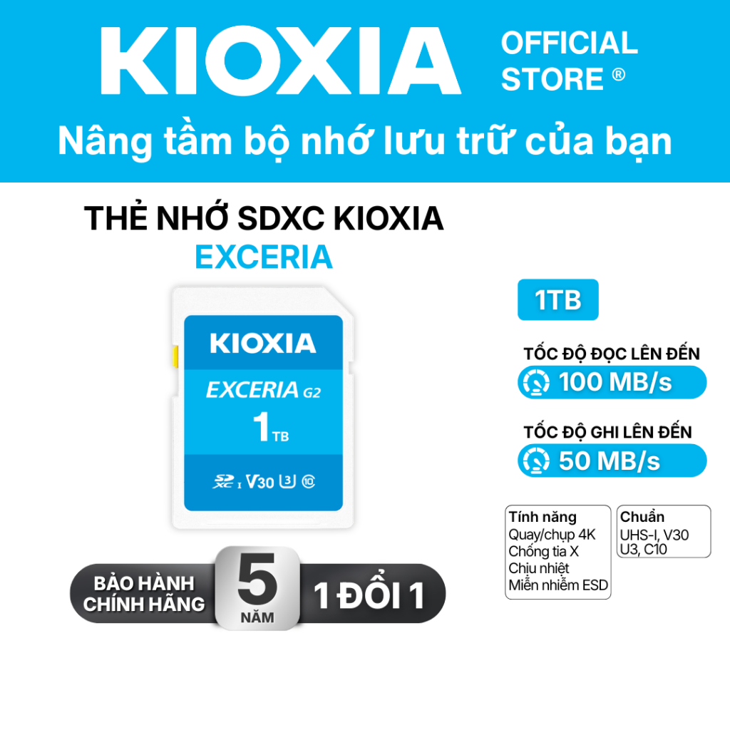 Thẻ nhớ SDXC KIOXIA EXCERIA 1TB C10 UHS-I U3 V30 A1 upto 100MB/s LNEX2L001TG4 - Bảo hành 5 năm