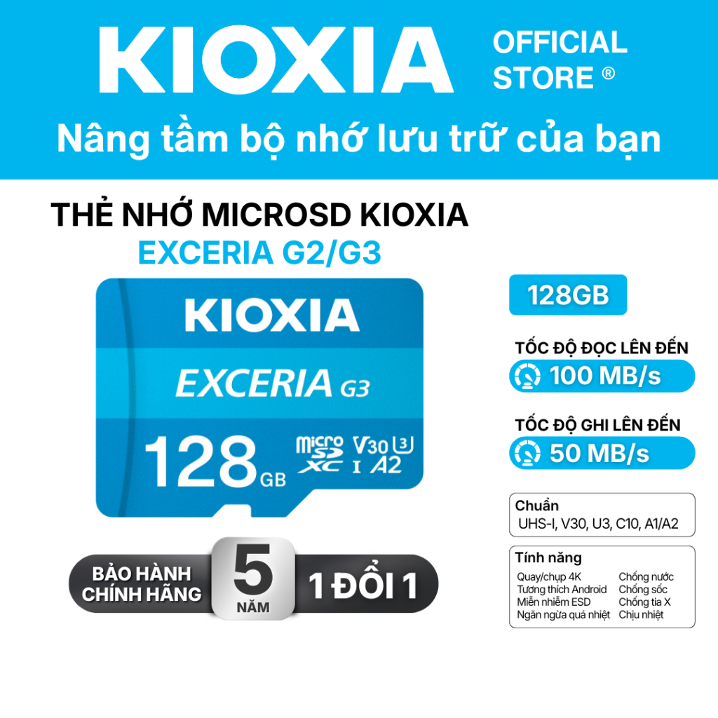 Thẻ nhớ MicroSD KIOXIA EXCERIA 128GB C10 UHS-I U3 V30 A1/A2 upto 160MB/s (Read) - Bảo hành 5 năm