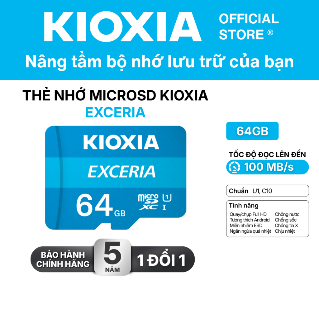 Thẻ nhớ MicroSD KIOXIA EXCERIA 64G C10 U1 upto 100MB/s (Read) LMEX1L064GG4 - Bảo hành 5 năm